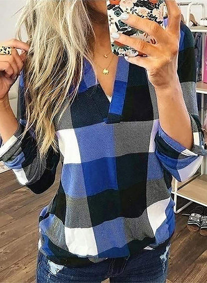 Dokotoo Womens Basic Casual V Neck Plaid Print Cotton Cuffed Long Sleeve Work Tops Blouses Shirts S-3XL