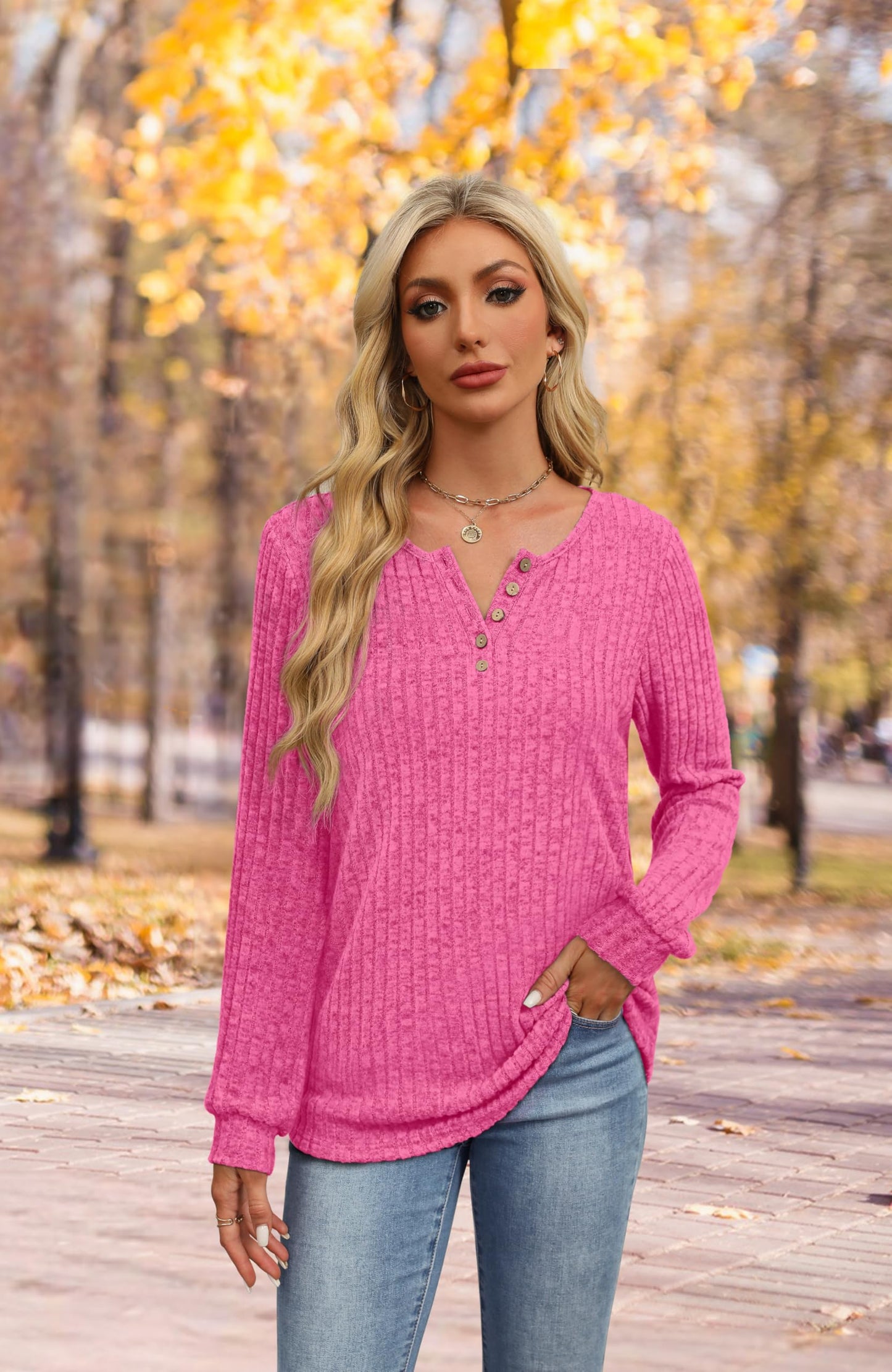 XIEERDUO Sweater for Women Long Sleeve Henley Shirts Tunic Tops to Wear with Leggings crew neck Sweaters Trendy 2024