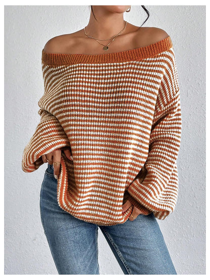 SOLY HUX Women's Off The Shoulder Striped Sweaters Oversized Long Sleeve Knit Pullover Tops