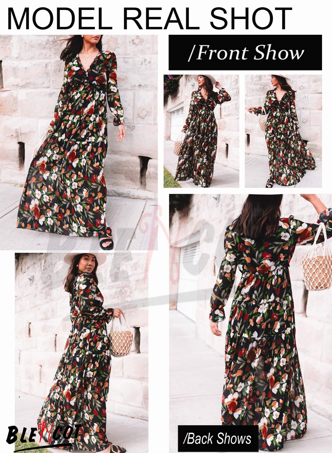 BLENCOT Womens Casual Boho Deep V Neck Short Sleeve Long Dress