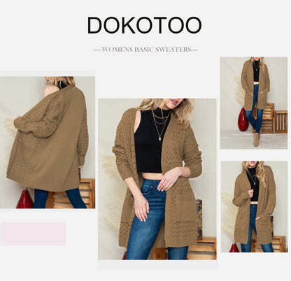 Dokotoo Women's 2024 Fashion Casual Open Front Long Sleeve Chunky Cable Knit Cardigans Sweaters Outerwear Coats with Pockets