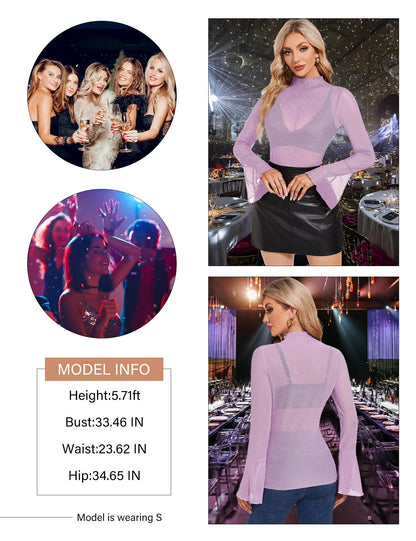 BBX Lephsnt Women Sheer Mesh Tops Long Bell Sleeve Rhinestone Top Mock Neck Blouses Sparkle Glitter Shirts See Through Tee