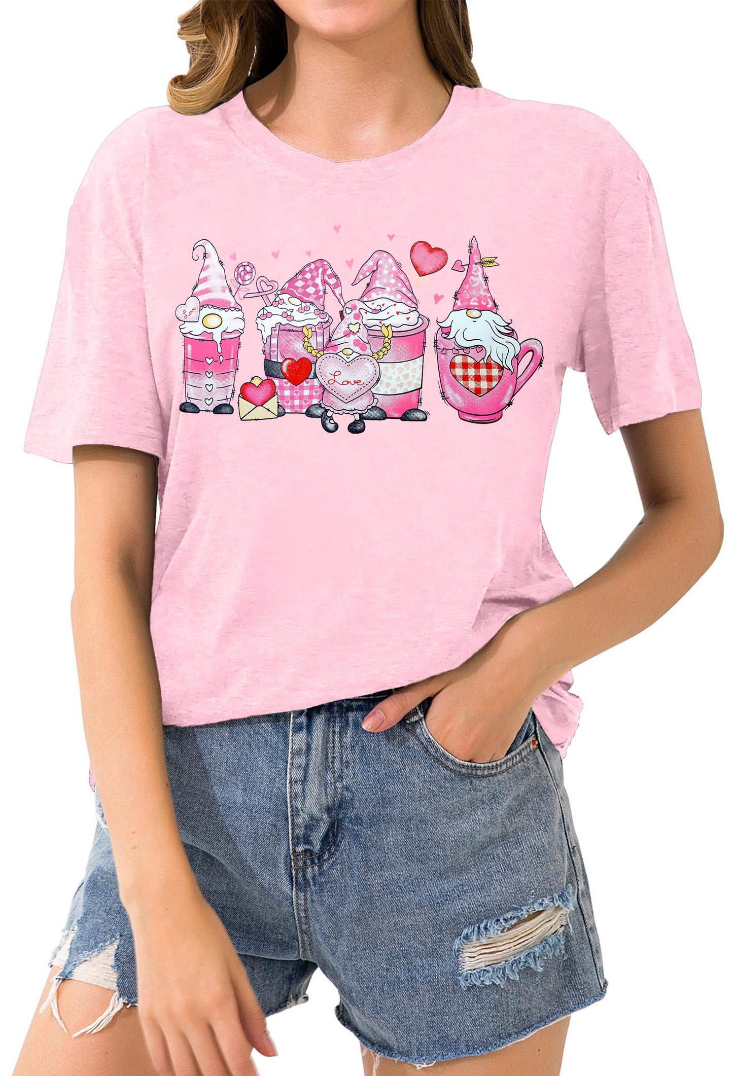 Valentine's Day Shirt for Womens Cute Gnomes T-Shirt Love Heart Printed Shirts Short Sleeve Graphic Tees Tops