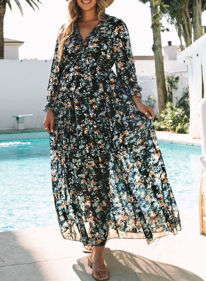 BLENCOT Womens Casual Boho Deep V Neck Short Sleeve Long Dress