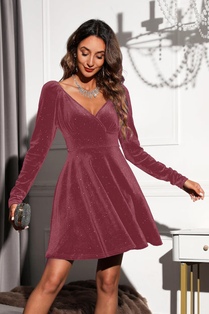 Sexyasasii Womens Wrap V Neck Long Sleeve Velvet Glitter A Line Cocktail Party Swing Fit and Flare Skater Mini Dress