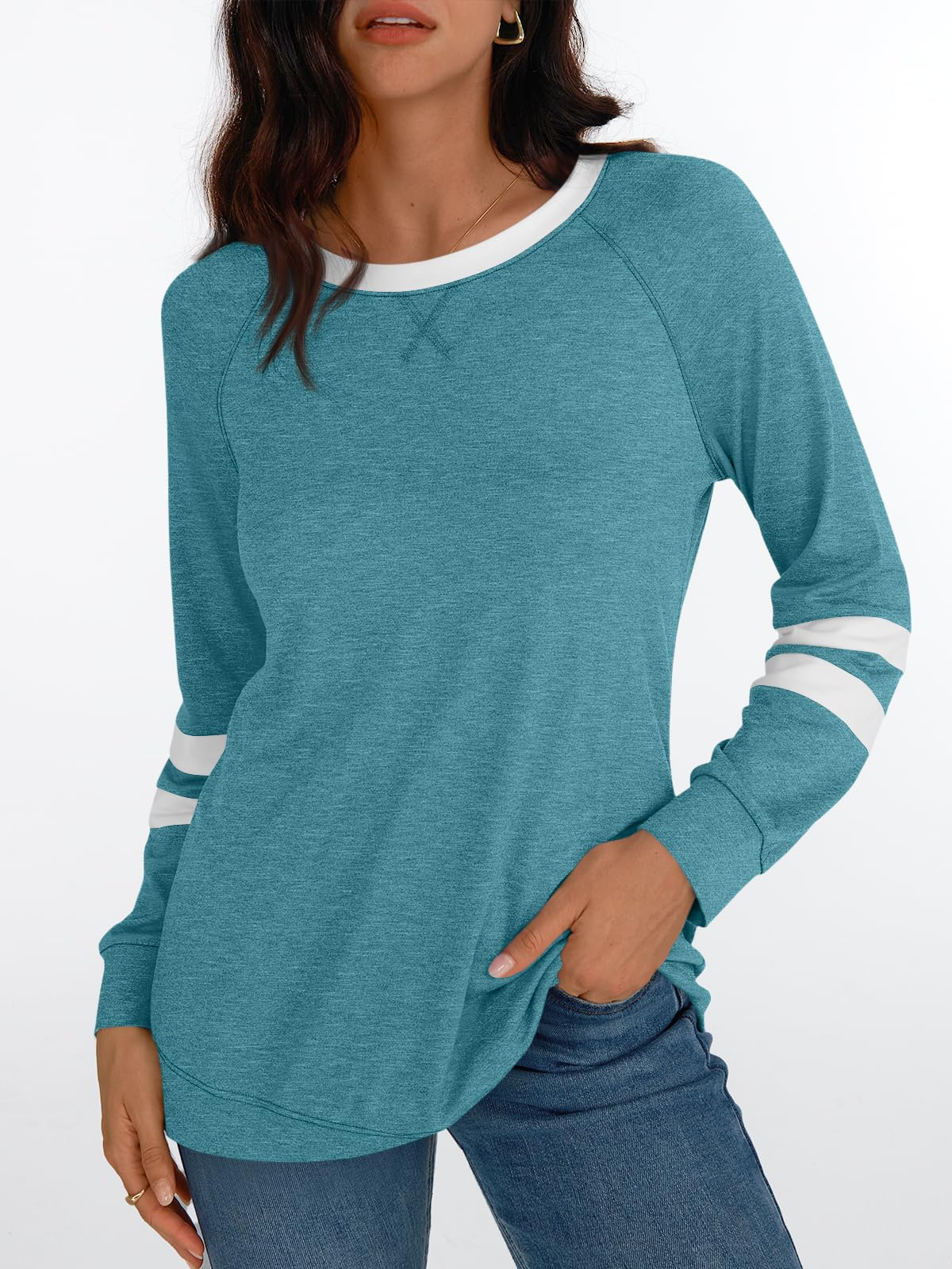 AUTOMET Womens Long Sleeve Shirts Color Block Casual Crewneck Tops Tshirt Basic Tees Fall Fashion Clothes Trendy Outfits