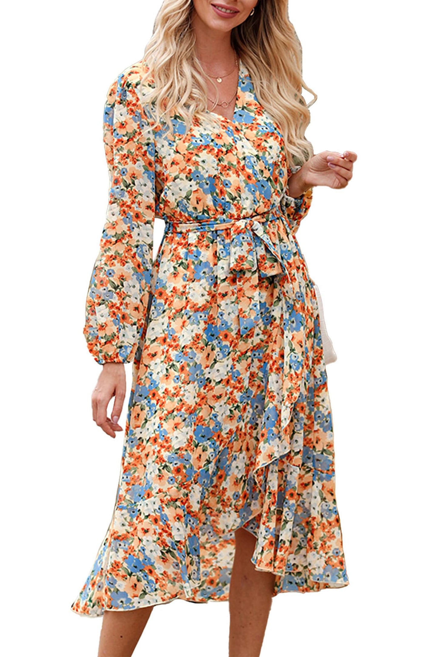PRETTYGARDEN Women's Floral Print Boho Dress Long Sleeve Wrap V Neck Ruffle Belted A-Line Flowy Maxi Dresses