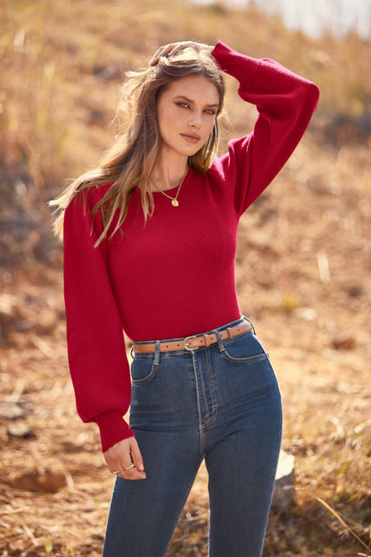 MASCOMODA Long Puff Sleeve Sweaters for Women 2024 Fall Winter Crewneck Knit Ribbed Bodysuit Pullover Tops