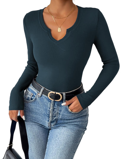 Zeagoo Womens Long Sleeve Shirts V-Neck Slim Fitted Knit Top Stretch Ribbed Basic Tee Casual Y2k Going Out T-Shirt