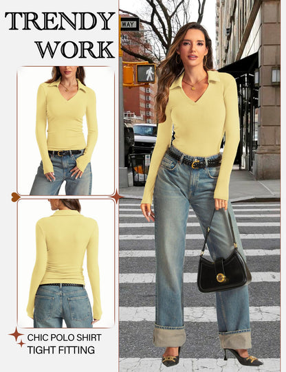 Womens Long Sleeve V Neck Polo Shirts Business Casual Collared Work Top Slim Fitted Basic 2024 Fall Shirt