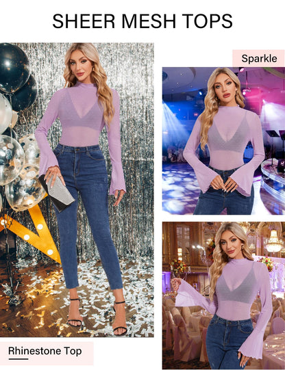 BBX Lephsnt Women Sheer Mesh Tops Long Bell Sleeve Rhinestone Top Mock Neck Blouses Sparkle Glitter Shirts See Through Tee