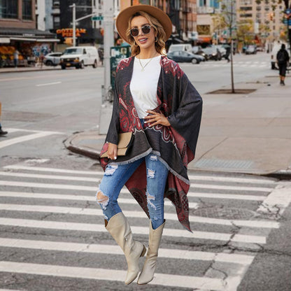 Bestshe Women's Boho Open Front Poncho Knitted Plaid Shawl Wrap Cape Tassel Cardigan Sweater