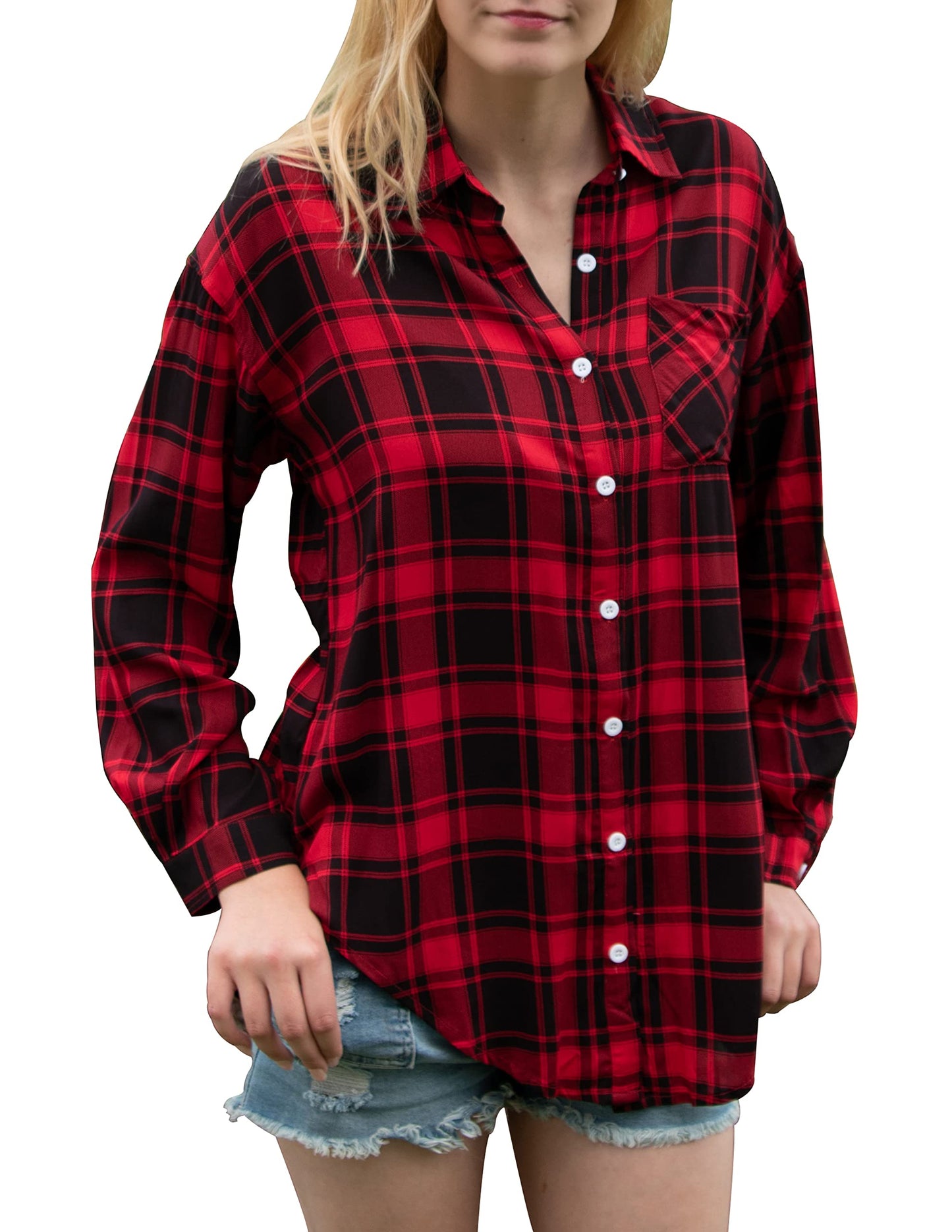 HOTOUCH Women Oversized Button Down Shirts Office Drop Shoulder Blouse Long Sleeve Boyfriend Dress Shirt with Pockets