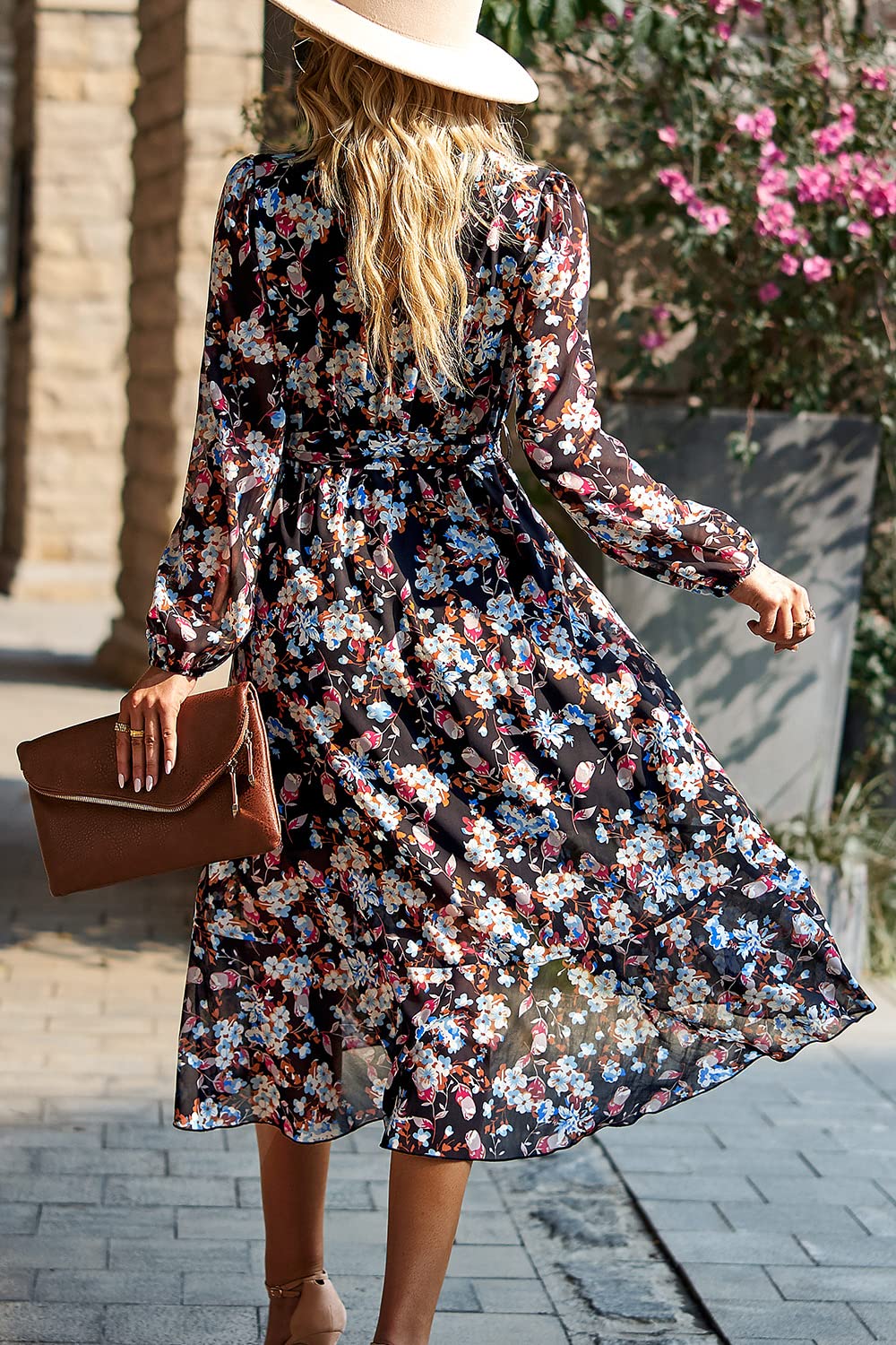 PRETTYGARDEN Women's Floral Print Boho Dress Long Sleeve Wrap V Neck Ruffle Belted A-Line Flowy Maxi Dresses
