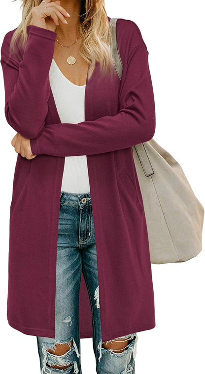 OUGES Women's Open Front Cardigan Shirt with Pockets Long Sleeve Lightweight Coat