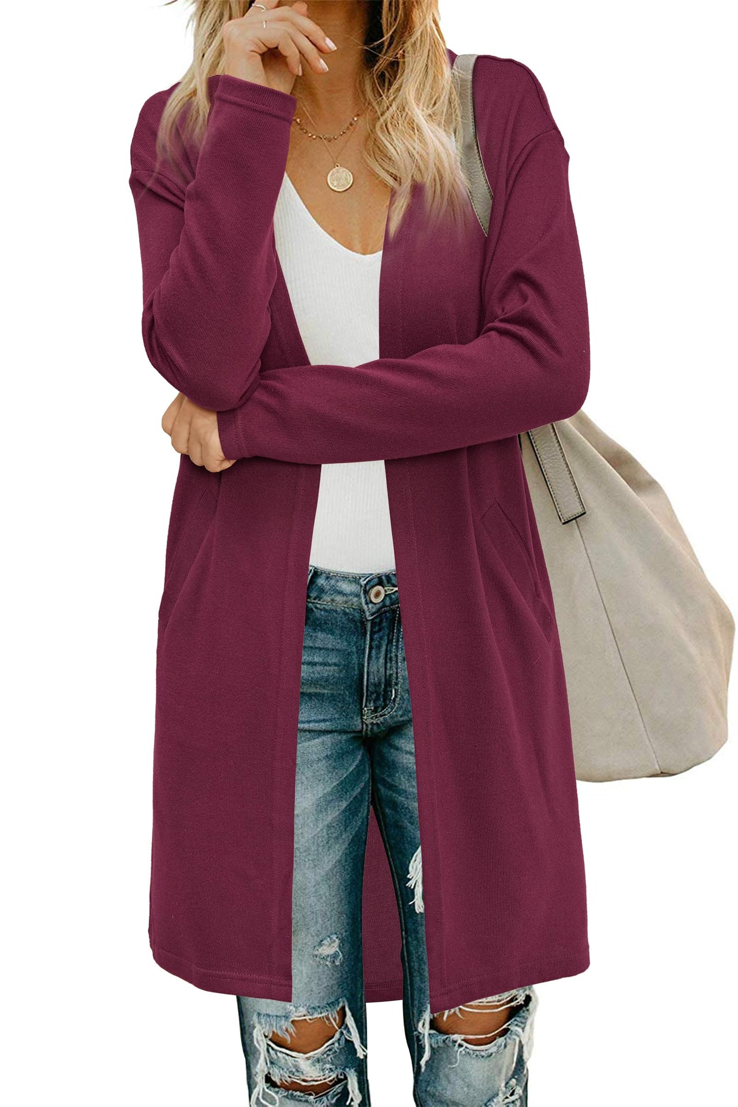 OUGES Women's Open Front Cardigan Shirt with Pockets Long Sleeve Lightweight Coat