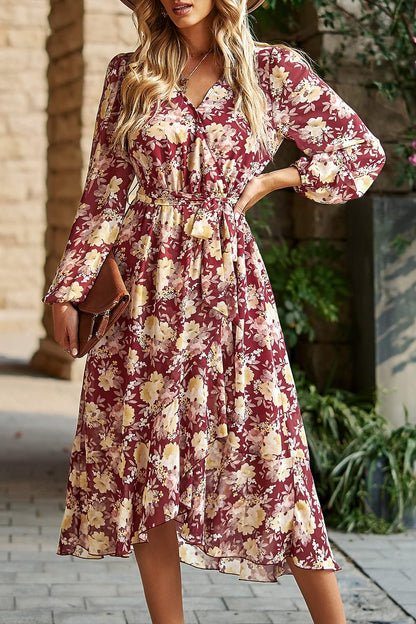 PRETTYGARDEN Women's Floral Print Boho Dress Long Sleeve Wrap V Neck Ruffle Belted A-Line Flowy Maxi Dresses