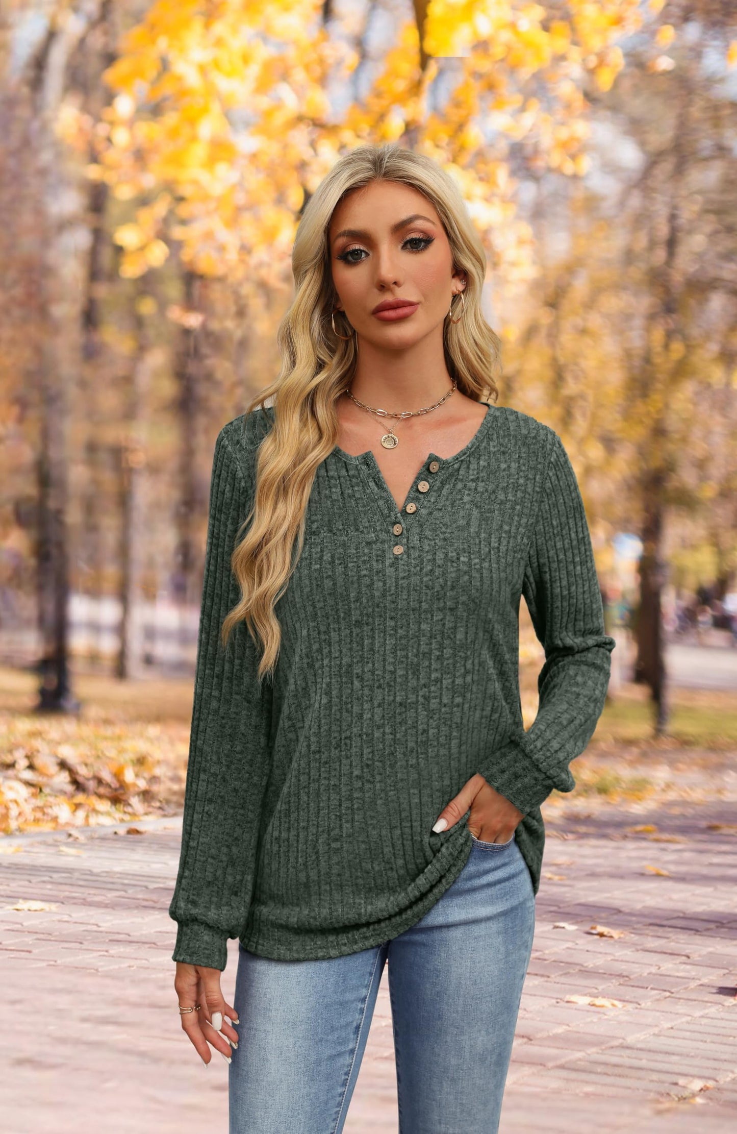 XIEERDUO Sweater for Women Long Sleeve Henley Shirts Tunic Tops to Wear with Leggings crew neck Sweaters Trendy 2024