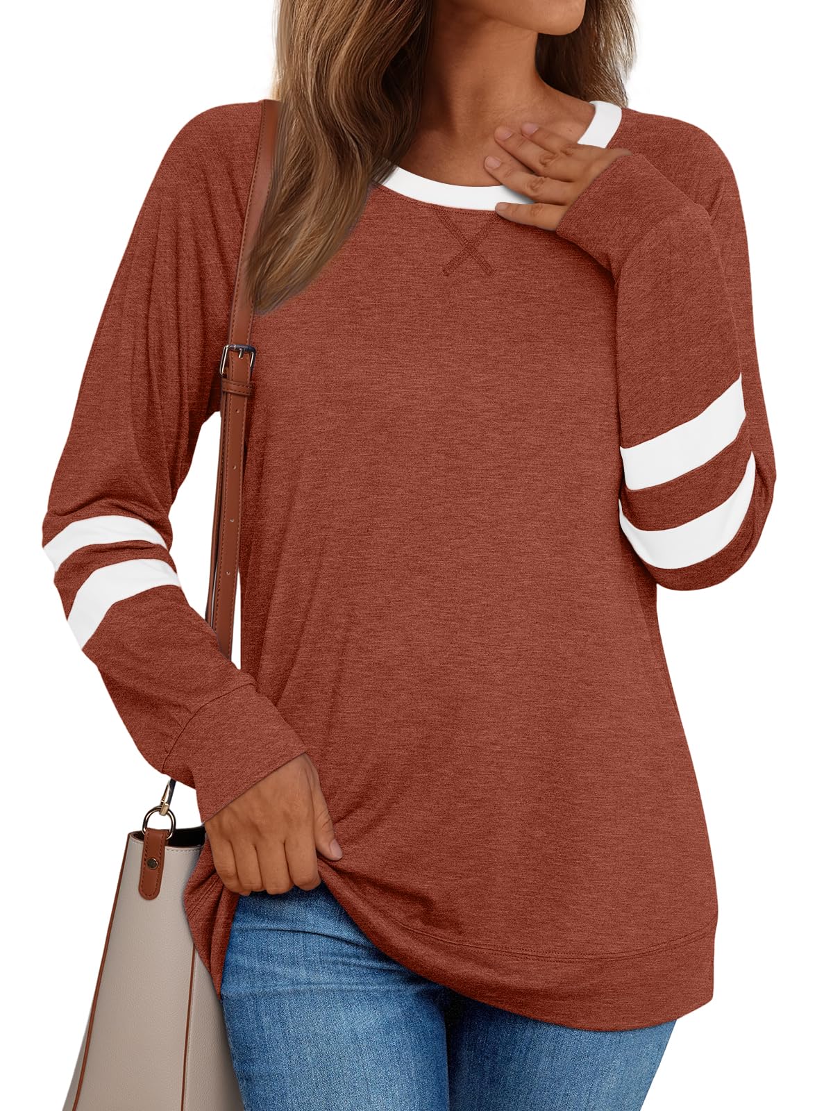 AUTOMET Womens Long Sleeve Shirts Color Block Casual Crewneck Tops Tshirt Basic Tees Fall Fashion Clothes Trendy Outfits