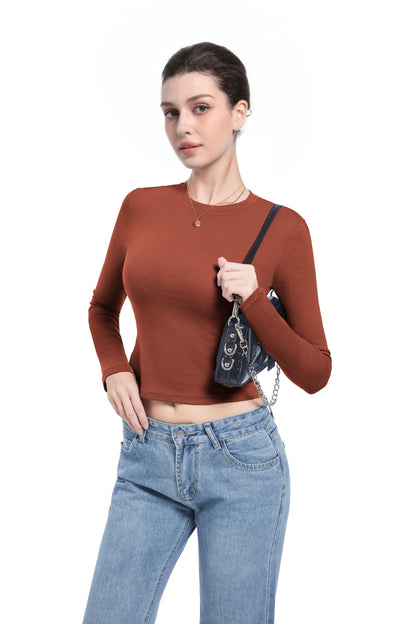 Abonlen Long Sleeve Shirts for Women Crewneck Basic Tees T Shirts Fitted Crop Tops Y2k Going Out Tops