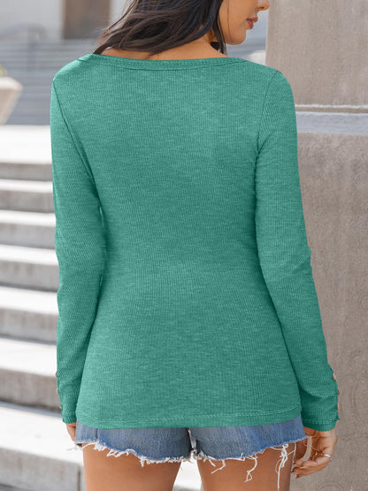 Kissfix Womens Long Sleeve Shirts Going Out Fall Clothes Casual Henley Tops Ribbed Knit Blouses Fashion Trendy Outfits