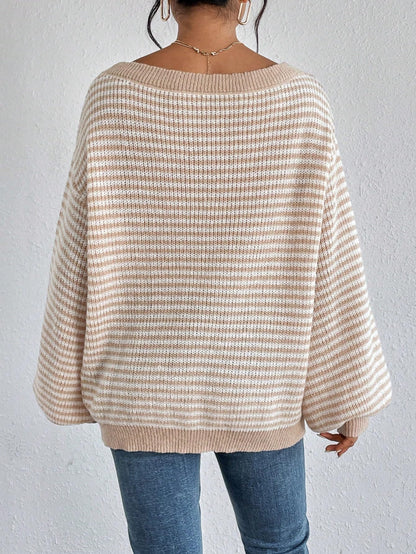 SOLY HUX Women's Off The Shoulder Striped Sweaters Oversized Long Sleeve Knit Pullover Tops