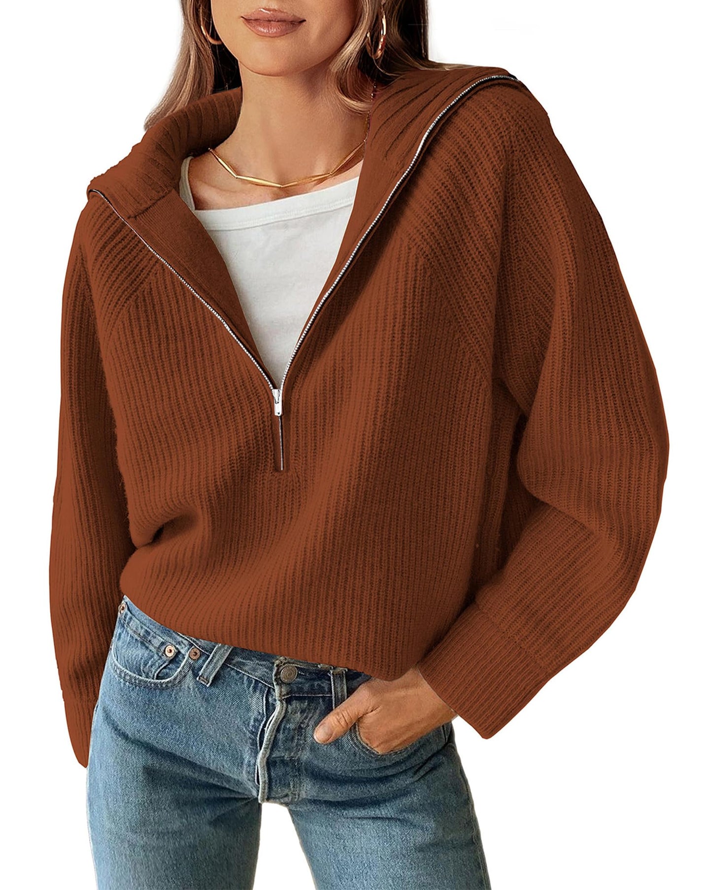 BTFBM Women’s Casual Long Sleeve Half Zip Pullover Sweaters Solid V Neck Collar Ribbed Knitted Loose Slouchy Jumper Tops