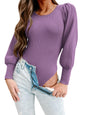 MASCOMODA Long Puff Sleeve Sweaters for Women 2024 Fall Winter Crewneck Knit Ribbed Bodysuit Pullover Tops