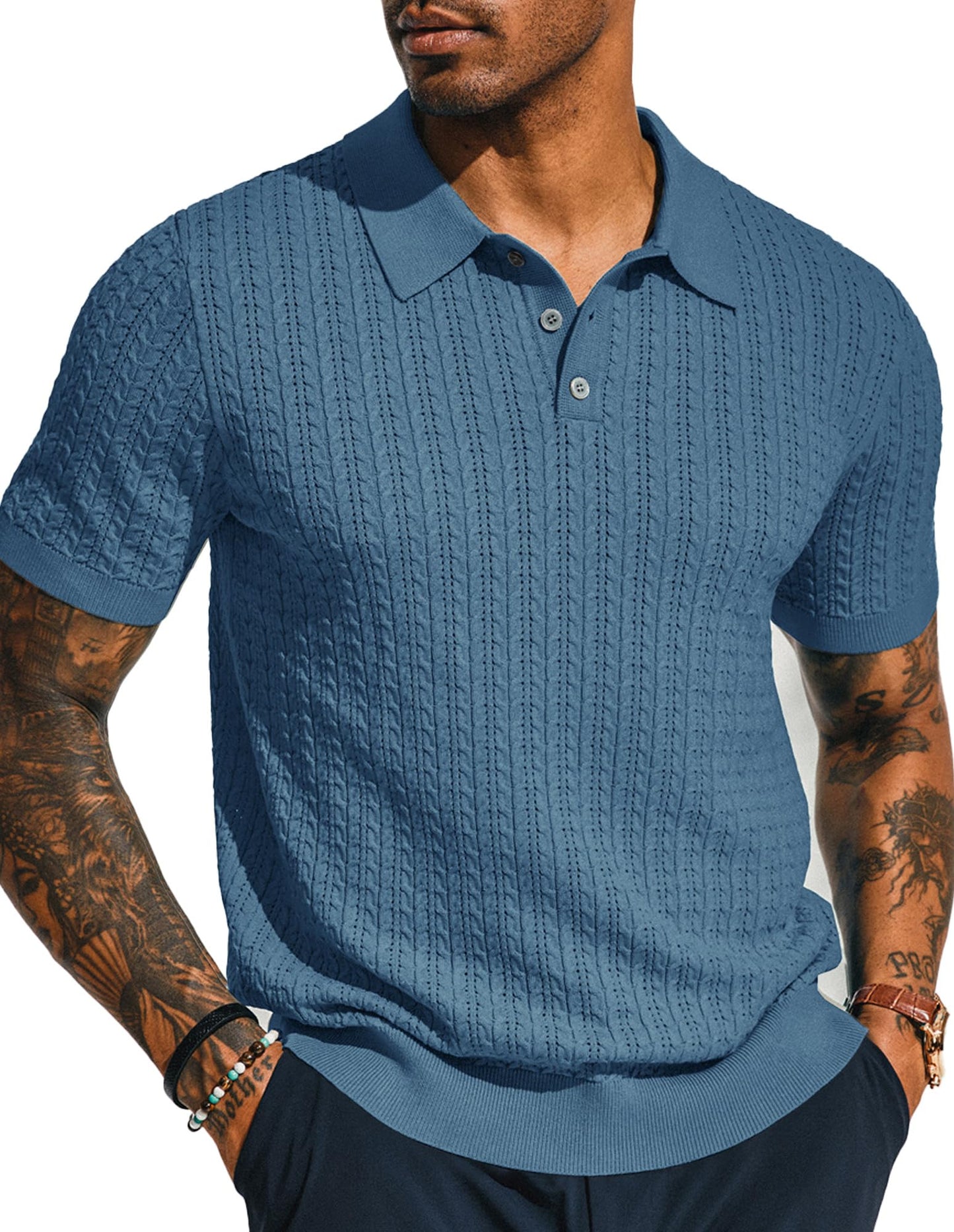 PJ PAUL JONES Mens Knit Polo Shirt Short Sleeve Hollow Out Knit Shirt Texture Knitted Polo