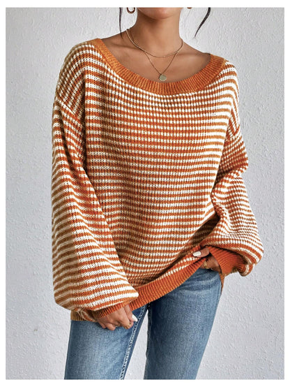 SOLY HUX Women's Off The Shoulder Striped Sweaters Oversized Long Sleeve Knit Pullover Tops