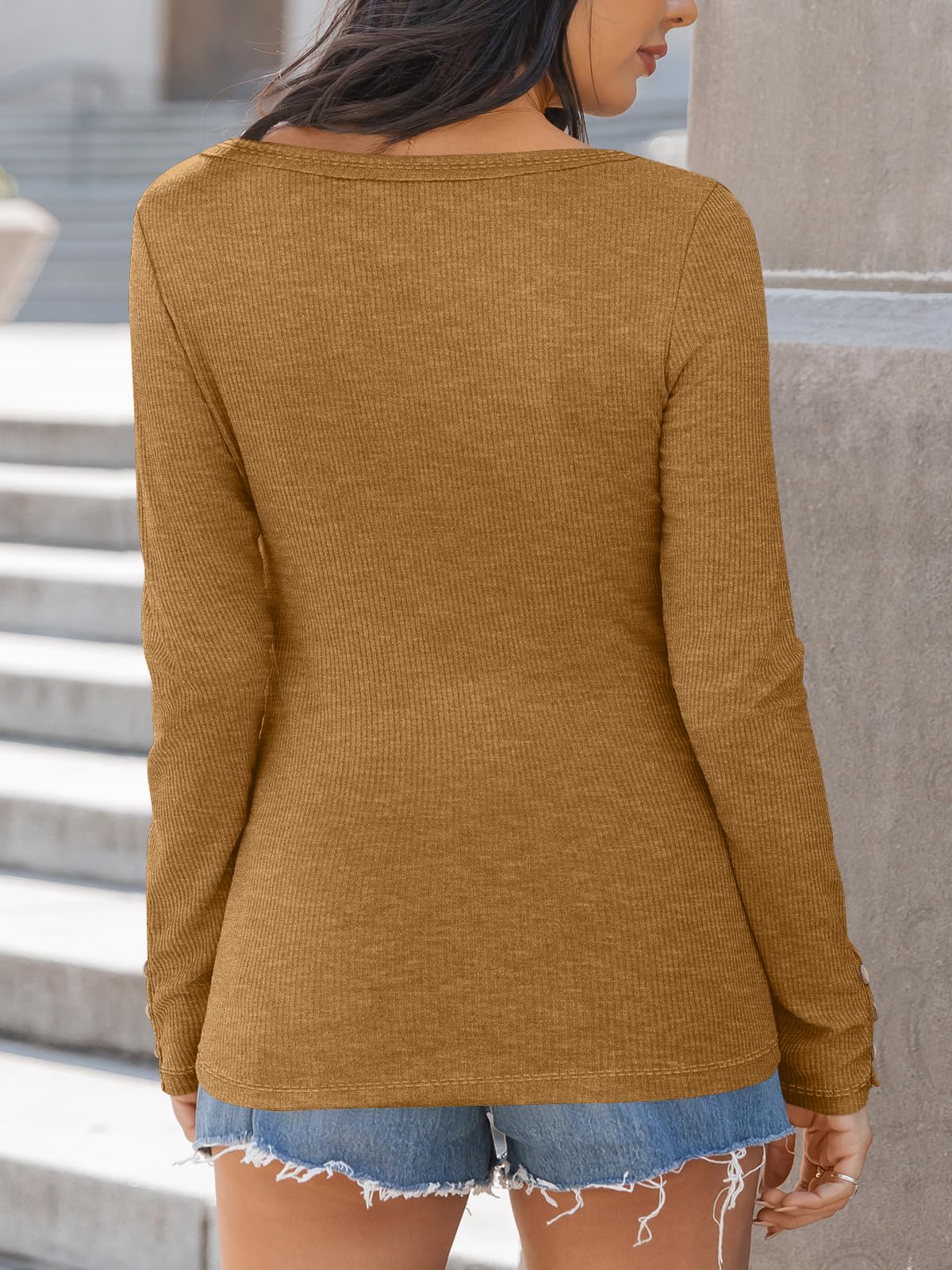 Kissfix Womens Long Sleeve Shirts Going Out Fall Clothes Casual Henley Tops Ribbed Knit Blouses Fashion Trendy Outfits