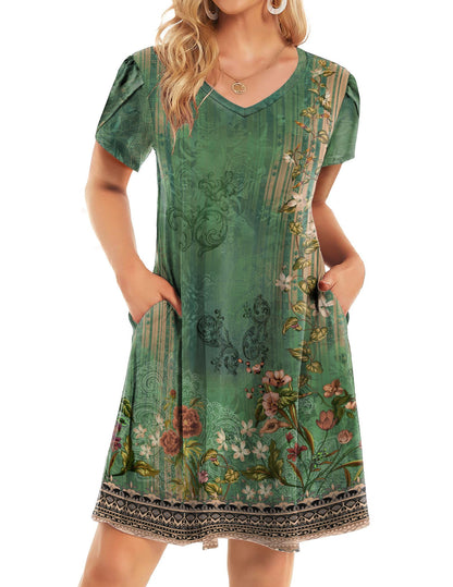 HOTOUCH Womens Summer Floral V Neck Dresses Beach Casual Short Sleeve T Shirt Dresses Swing Sundresses with Pockets 2025