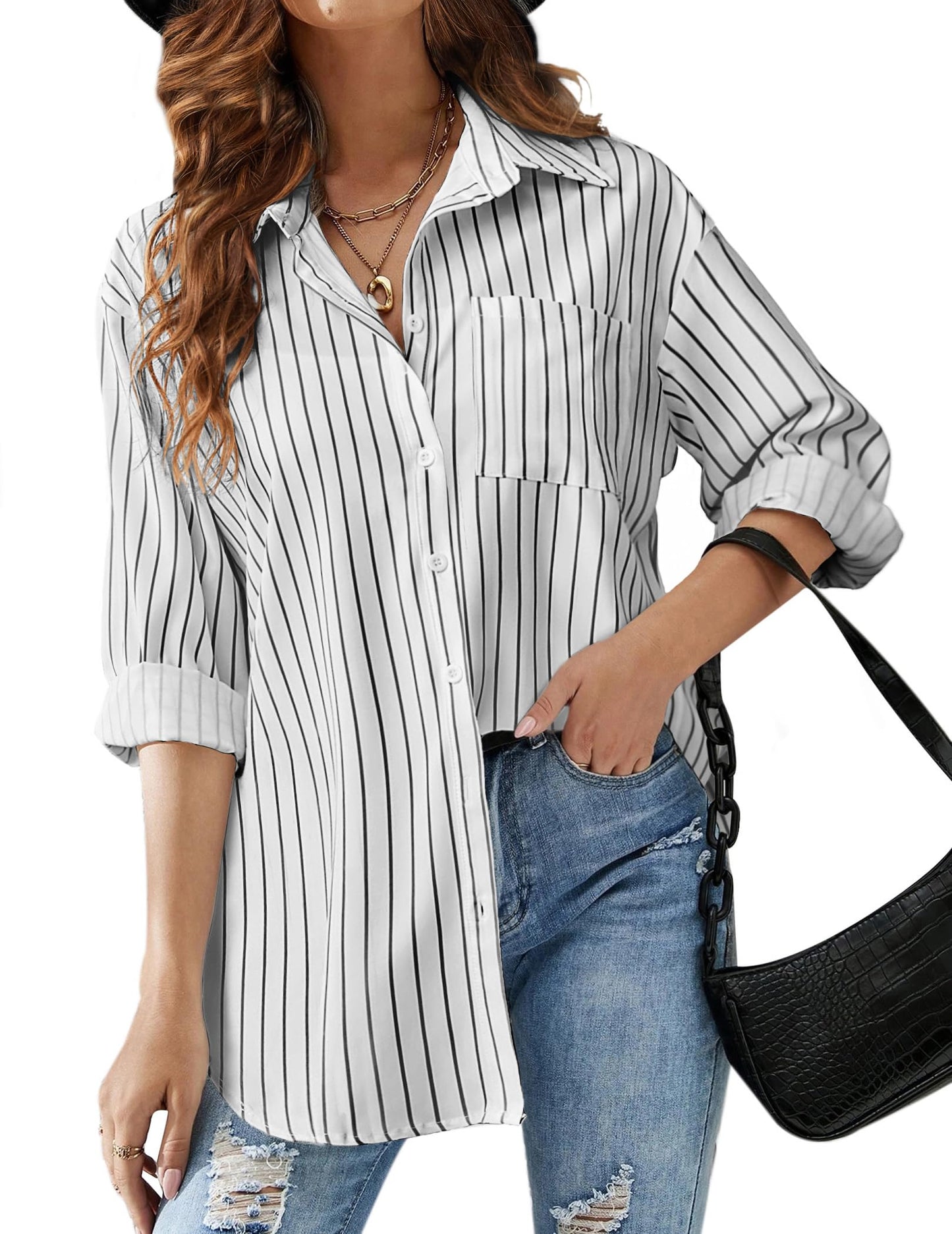 HOTOUCH Women Oversized Button Down Shirts Office Drop Shoulder Blouse Long Sleeve Boyfriend Dress Shirt with Pockets