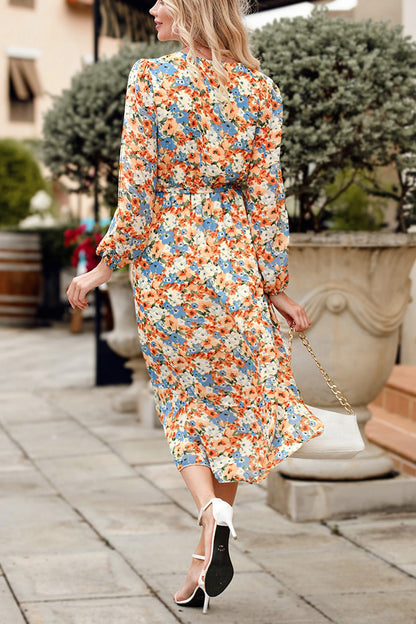 PRETTYGARDEN Women's Floral Print Boho Dress Long Sleeve Wrap V Neck Ruffle Belted A-Line Flowy Maxi Dresses