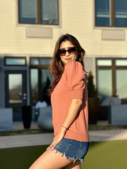 Women's Puff Short Sleeve Sweater Tops 2024 Spring Summer Trendy Crew Neck Casual T Shirts Blouses