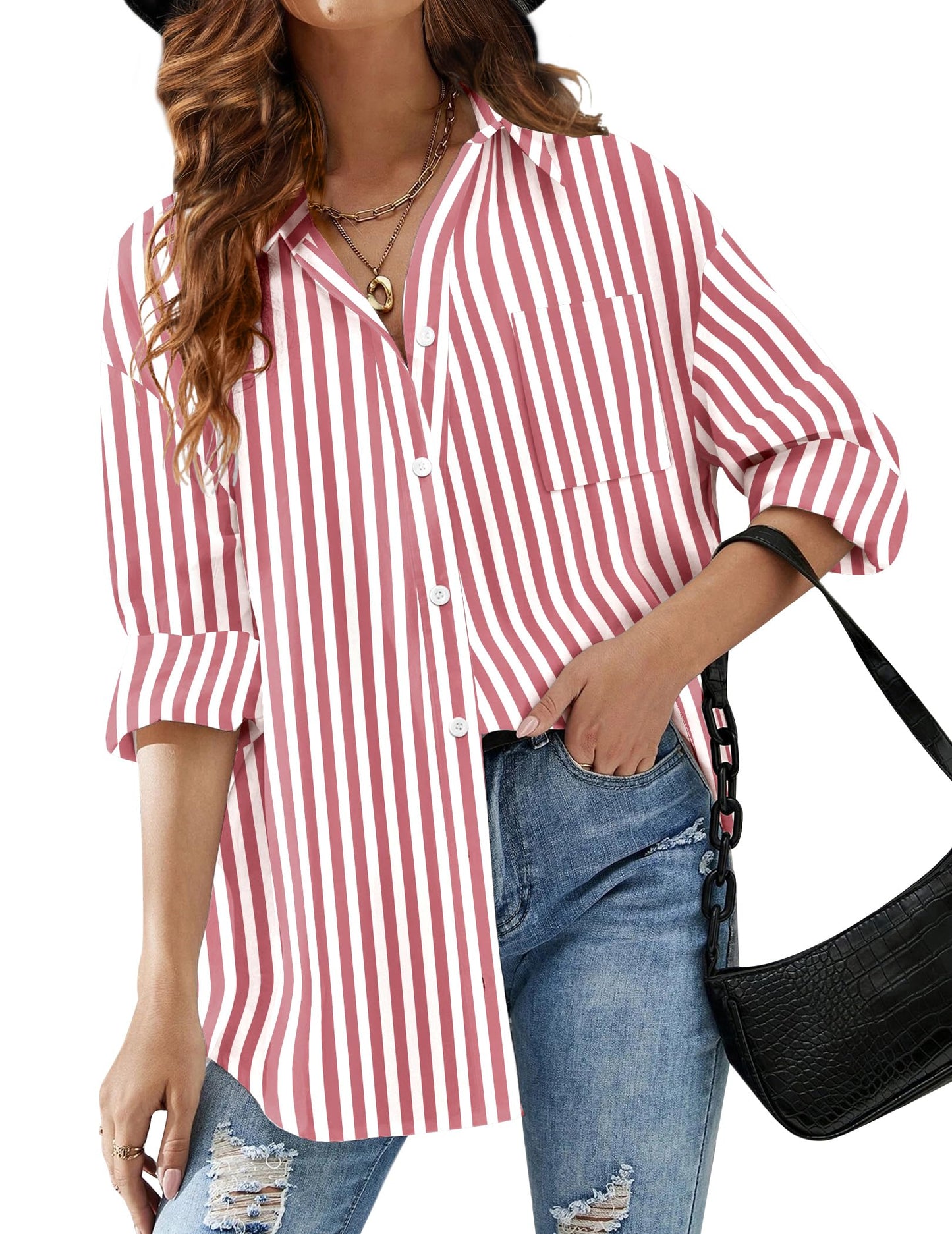 HOTOUCH Women Oversized Button Down Shirts Office Drop Shoulder Blouse Long Sleeve Boyfriend Dress Shirt with Pockets