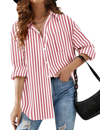 HOTOUCH Women Oversized Button Down Shirts Office Drop Shoulder Blouse Long Sleeve Boyfriend Dress Shirt with Pockets