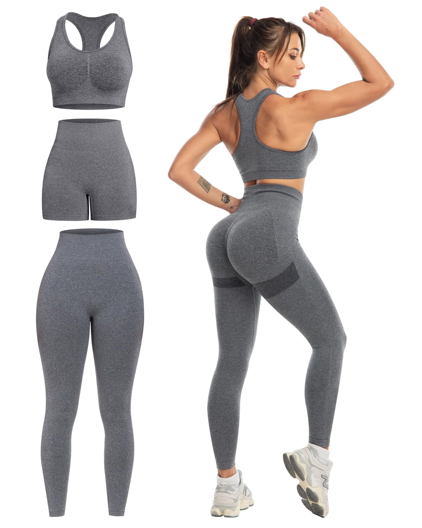 3 Piece Workout Sets for Women Butt Lifting Leggings with High Impact Sports Bra Gym Shorts
