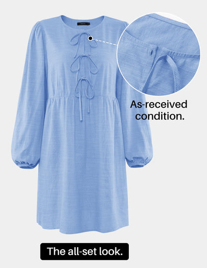 ZESICA Women's Dress Fall Long Puff Sleeve Self Tie Front Babydoll A Line Pleated Cute Mini Tunic Dresses 2025