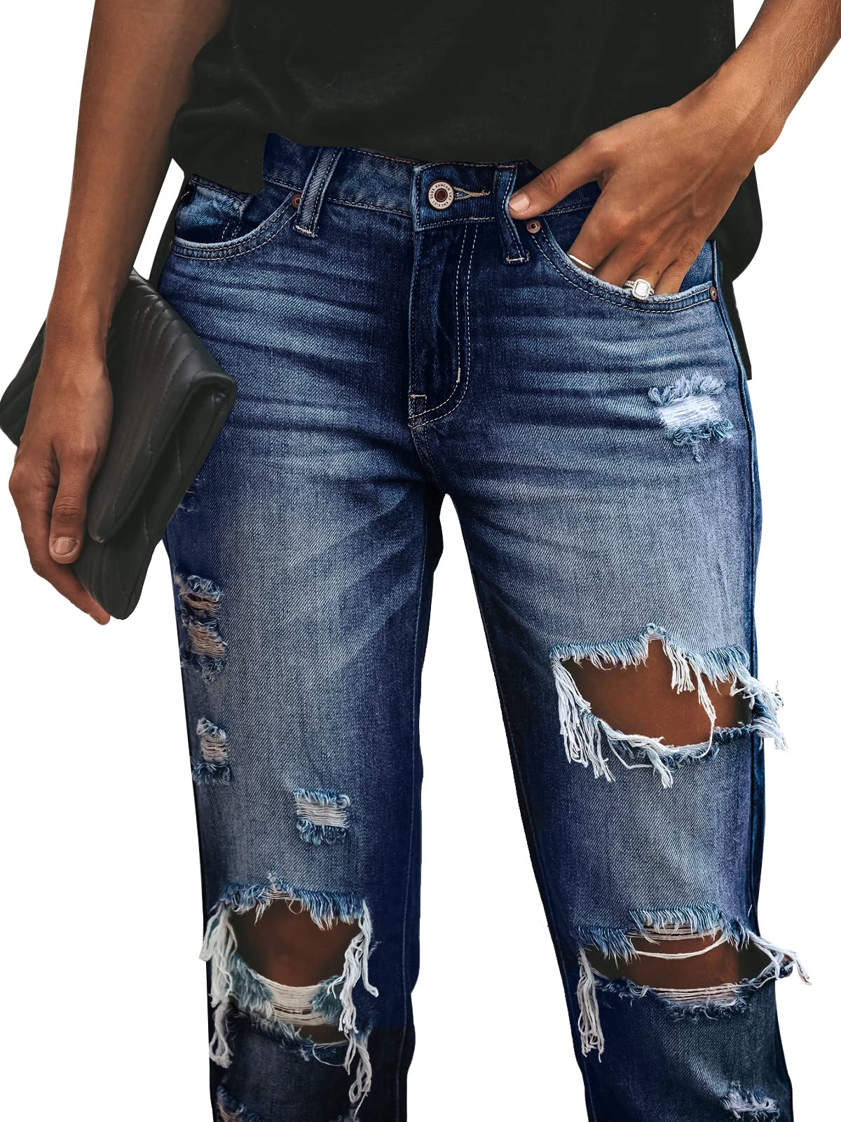 KUNMI Women's Ripped Mid Waisted Boyfriend Jeans Loose Fit Distressed Stretchy Denim Pants