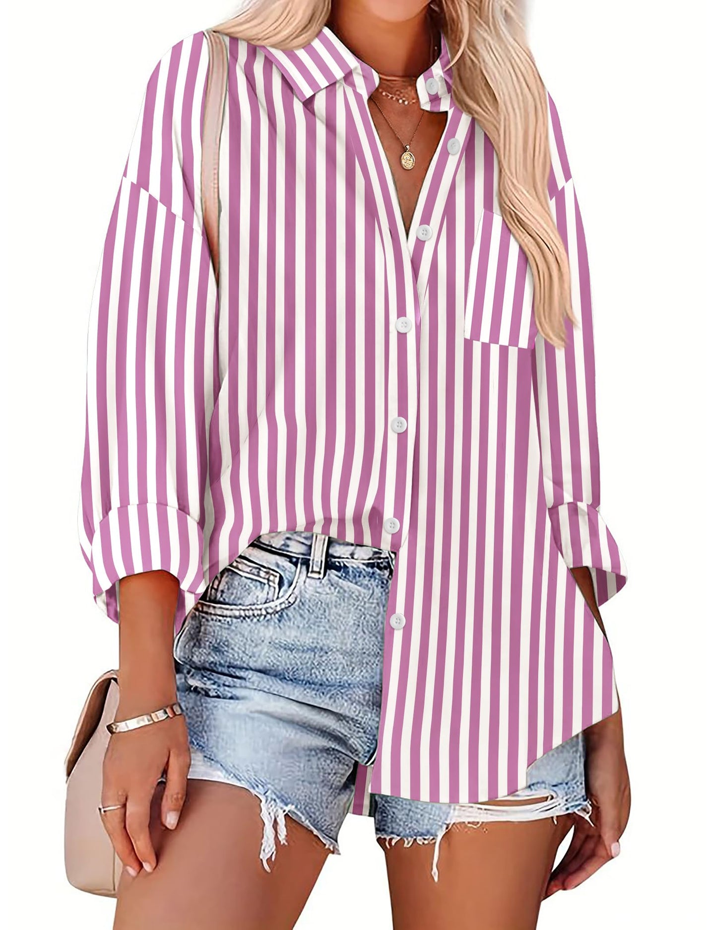 HOTOUCH Women Oversized Button Down Shirts Office Drop Shoulder Blouse Long Sleeve Boyfriend Dress Shirt with Pockets
