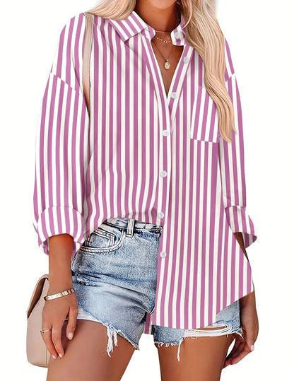 HOTOUCH Women Oversized Button Down Shirts Office Drop Shoulder Blouse Long Sleeve Boyfriend Dress Shirt with Pockets