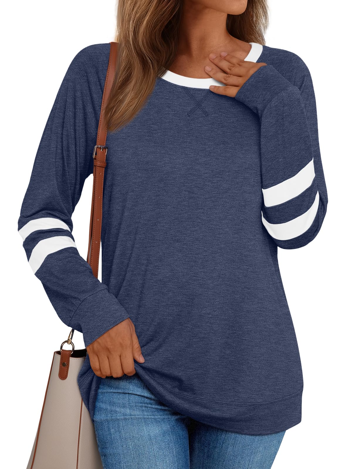 AUTOMET Womens Long Sleeve Shirts Color Block Casual Crewneck Tops Tshirt Basic Tees Fall Fashion Clothes Trendy Outfits