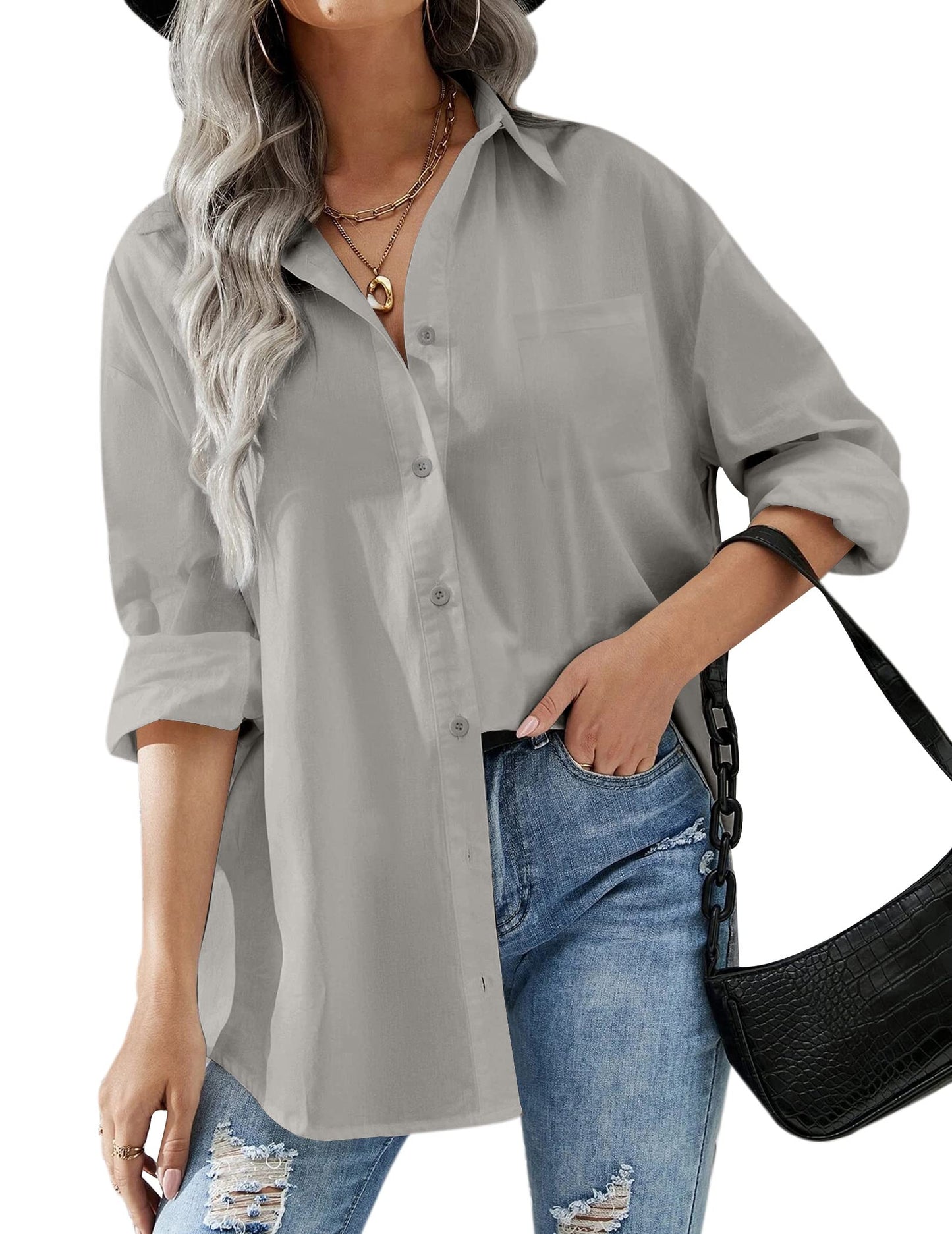 HOTOUCH Women Oversized Button Down Shirts Office Drop Shoulder Blouse Long Sleeve Boyfriend Dress Shirt with Pockets