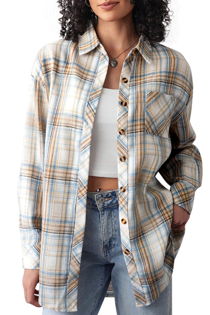 CHYRII Womens Button Down Flannel Shirts Long Sleeve Plaid Shackets Business Casual Blouse Top