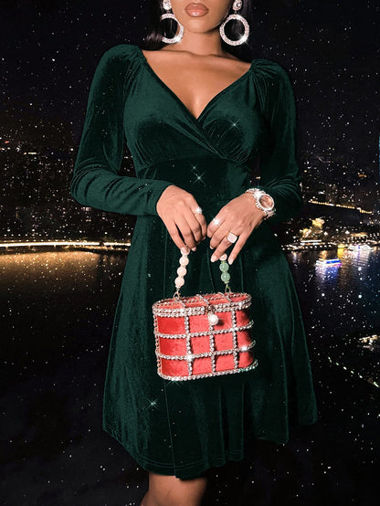 Sexyasasii Womens Wrap V Neck Long Sleeve Velvet Glitter A Line Cocktail Party Swing Fit and Flare Skater Mini Dress