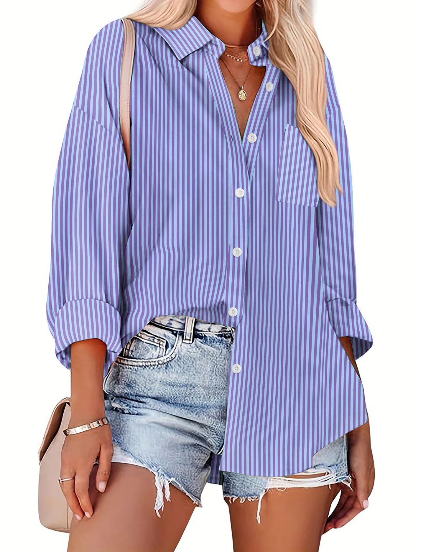 HOTOUCH Women Oversized Button Down Shirts Office Drop Shoulder Blouse Long Sleeve Boyfriend Dress Shirt with Pockets