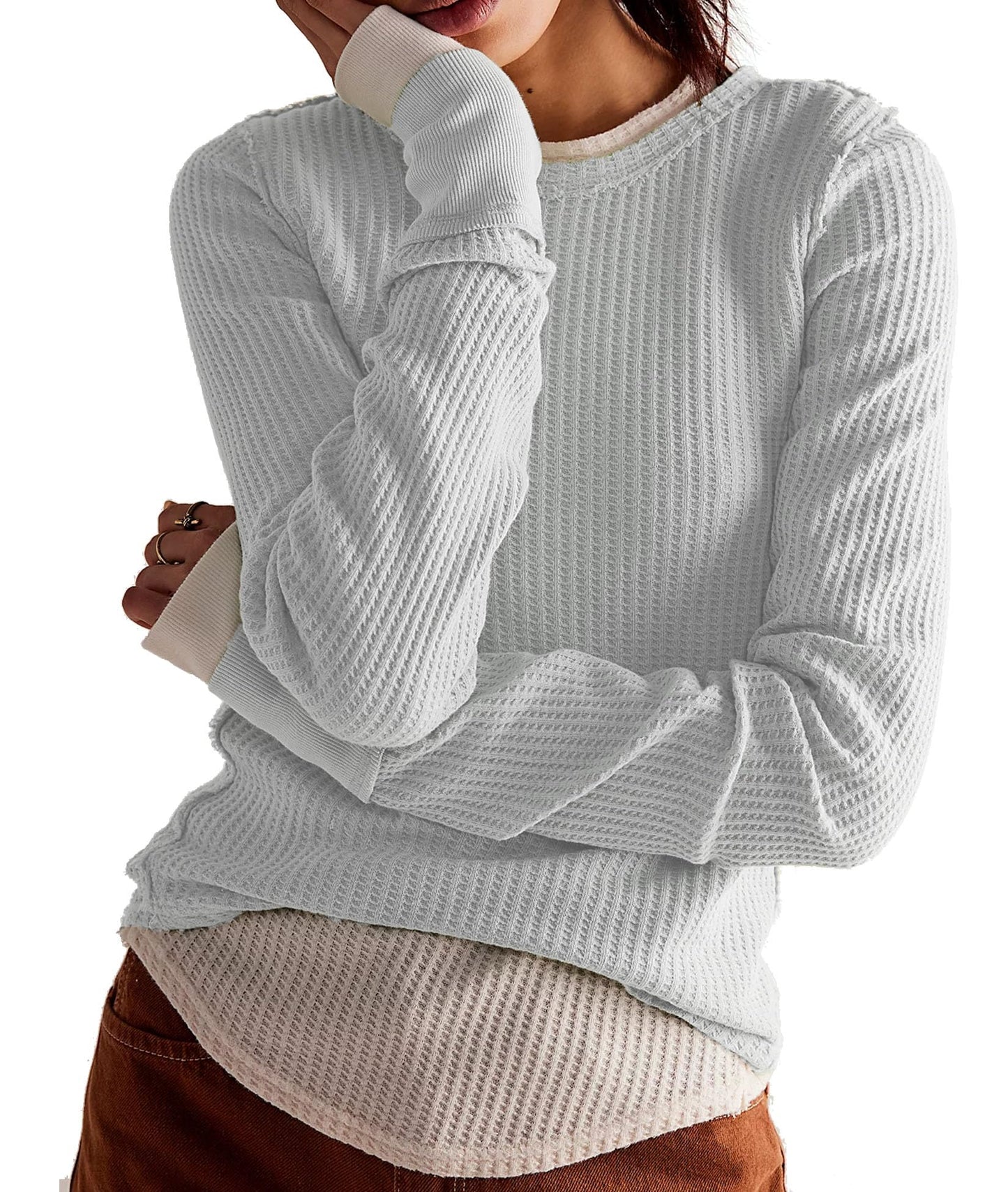 Women's Waffle Knit Tops Long Sleeve Shirts Slim Fitted Pullover Crewneck Shirt Fall Winter Tops 2024
