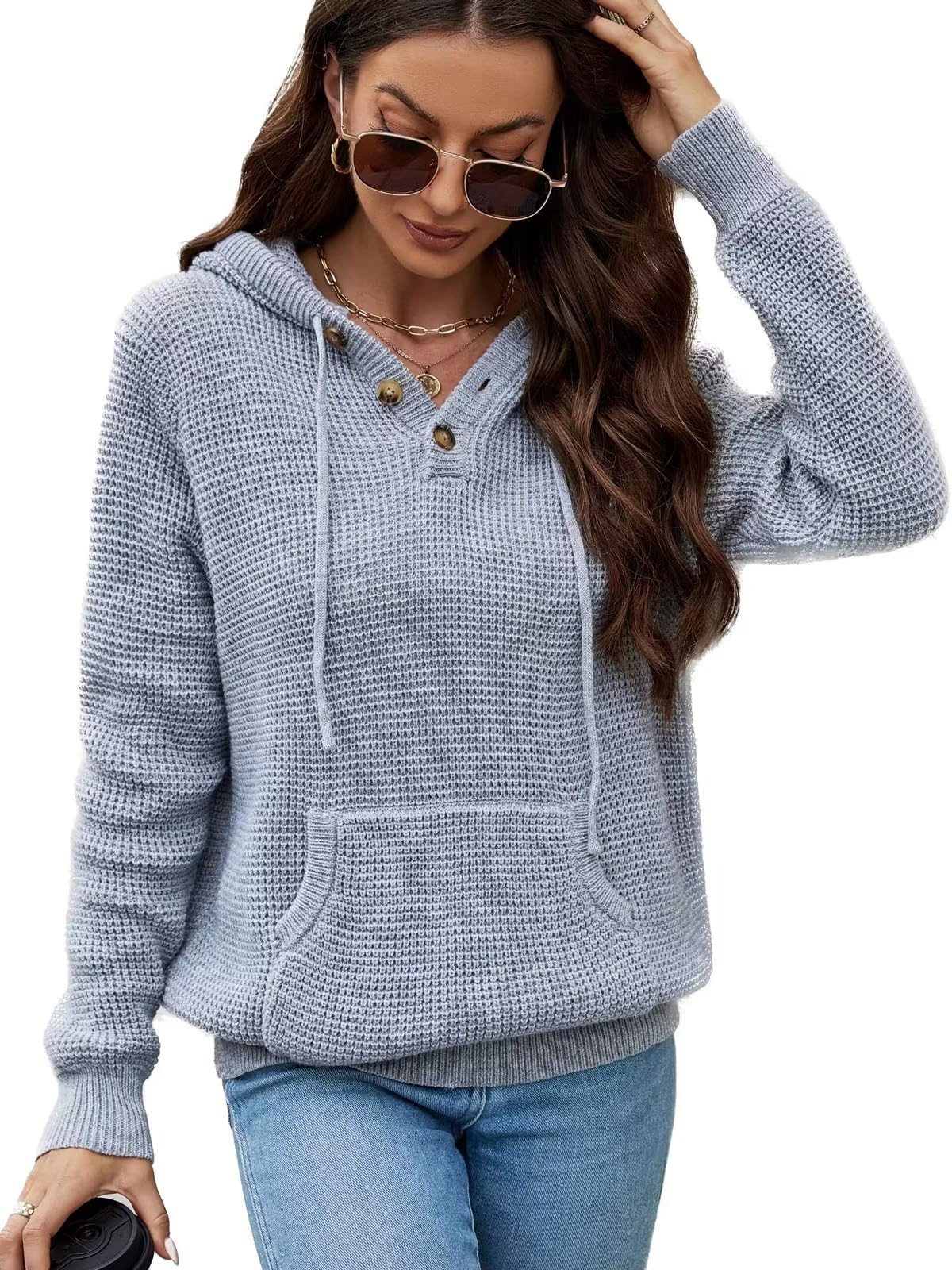CiCiBird Women Fall Hoodies Sweater Knit V Neck Tops Oversized Fashion Pullover Casual Long Sleeve Shirts with Pockets