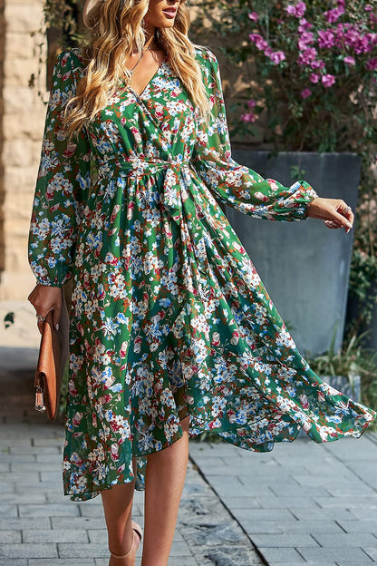 PRETTYGARDEN Women's Floral Print Boho Dress Long Sleeve Wrap V Neck Ruffle Belted A-Line Flowy Maxi Dresses